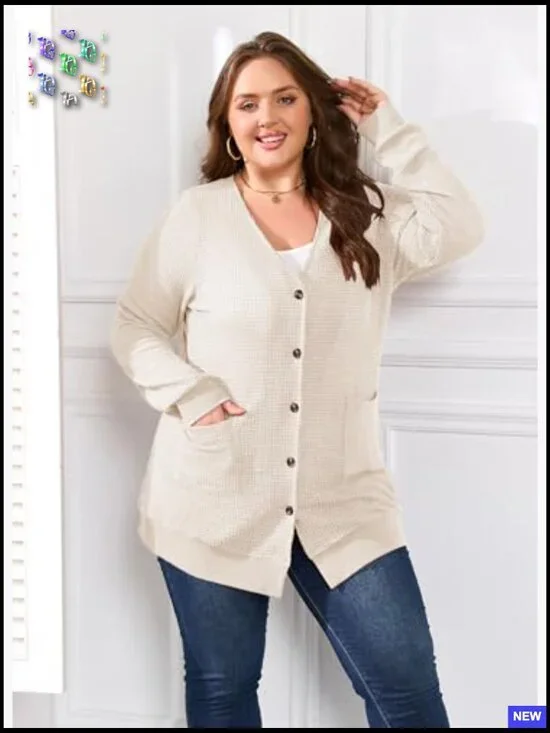 Oversized Waffle Knit Cardigan Long Sleeve Button Front Pockets Casual Chic - Picture 5 of 7